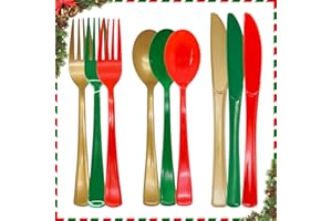 JOY AKKESS 153 Pcs Christmas Plastic Silverware Heavy Duty Disposable Tableware Sets Includes Spoons Forks Knives for Christmas Party Supplies (Red Green Gold)