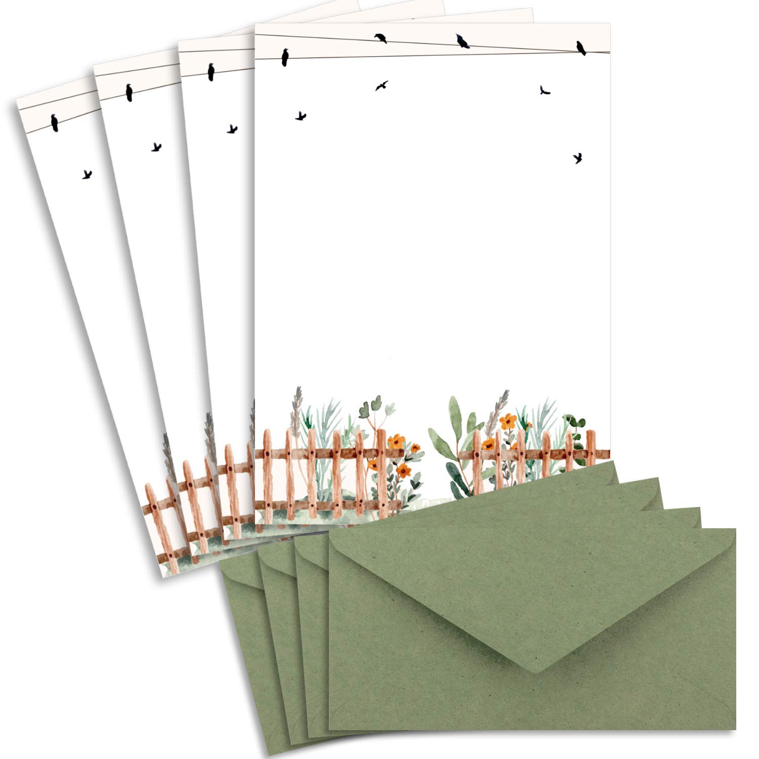 25 Letter Paper Sets DIN A4 – Natural Paper in Cream with Flower Garden – with Envelopes DIN Long in Kraft Paper Green Letter Paper – Printable – Ideal for Wedding Invitations