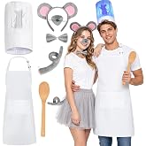 Humairc Mouse Chef Couple Costume Accessory Set, Adult Halloween Dress‑up Kit, Light‑Up Projection Chef Hat Apron Headband Nose Plush Tail Bow Tie Spoon for Themed Party Cosplay