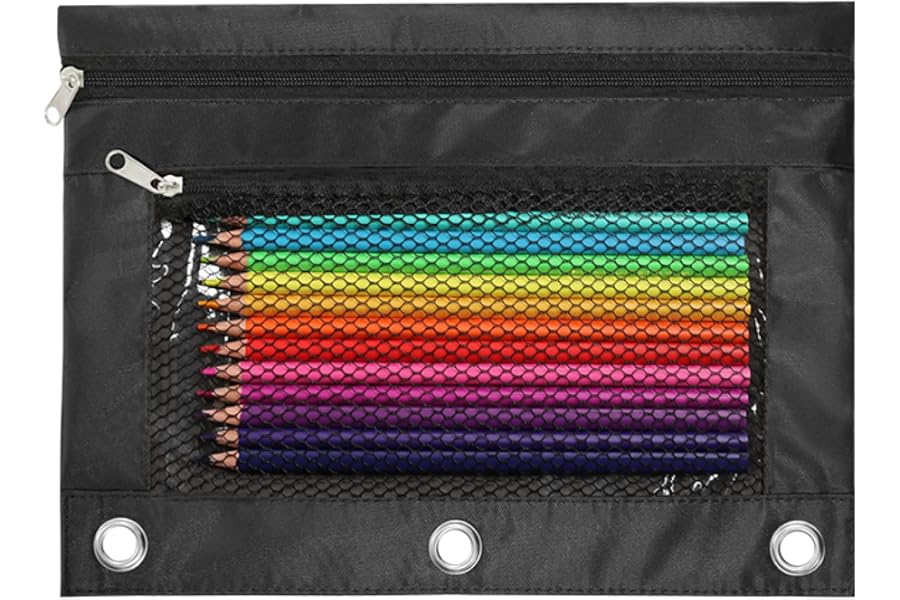 Pencil Pouch for 3 Ring Binder, Heavy Duty Canvas Dual Zipper Pen Bag with Clear Window, Smooth Metal Zipper, Fit Standard 3-Ring Binders for School Office Travel Supplies (Black)