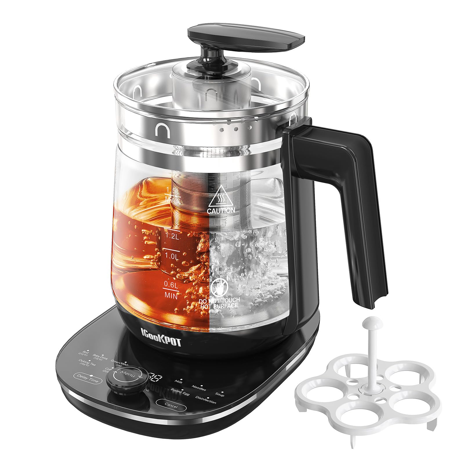 Photo 1 of ICOOKPOT Glass Electric Kettle With Tea Infuser and Temperature Control - 1.5L Stainless Steel Tea Maker, 1200W Rapid Boiling, Programmable Control for Teas and Coffee - Black