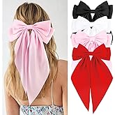 Velscrun Black White Pink Red Hair Bows for Women Girls, Silky Satin Large Coquette Bow, Oversized Hair Ribbons 4Pcs Big Bows Clip Long Tail Bowknot Hair Barrettes Christmas Bow Accessories