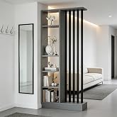 Room Divider with Shelves, Entrance Hall Partition Screen Column Floor to Ceiling - Freestanding Room Divider with Storage Shelf (A Gray + Black, 31.5in / 80cm)