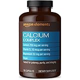 Amazon Elements Calcium Complex with Vitamin D, 250 mg Calcium per Serving (3 Capsules), Vegan, 195 Capsules (Packaging may v