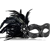 MYSEUNI 2025 New Black Masquerade Masks for Women with Feathers - Womens Mascarade Venetian Mask for Masquerade Party, Mardi Gras, Halloween Cosplay Prom, Christmas