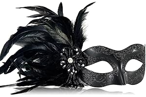 MYSEUNI 2025 New Black Masquerade Masks for Women with Feathers - Womens Mascarade Venetian Mask for Masquerade Party, Mardi Gras, Halloween Cosplay Prom, Christmas