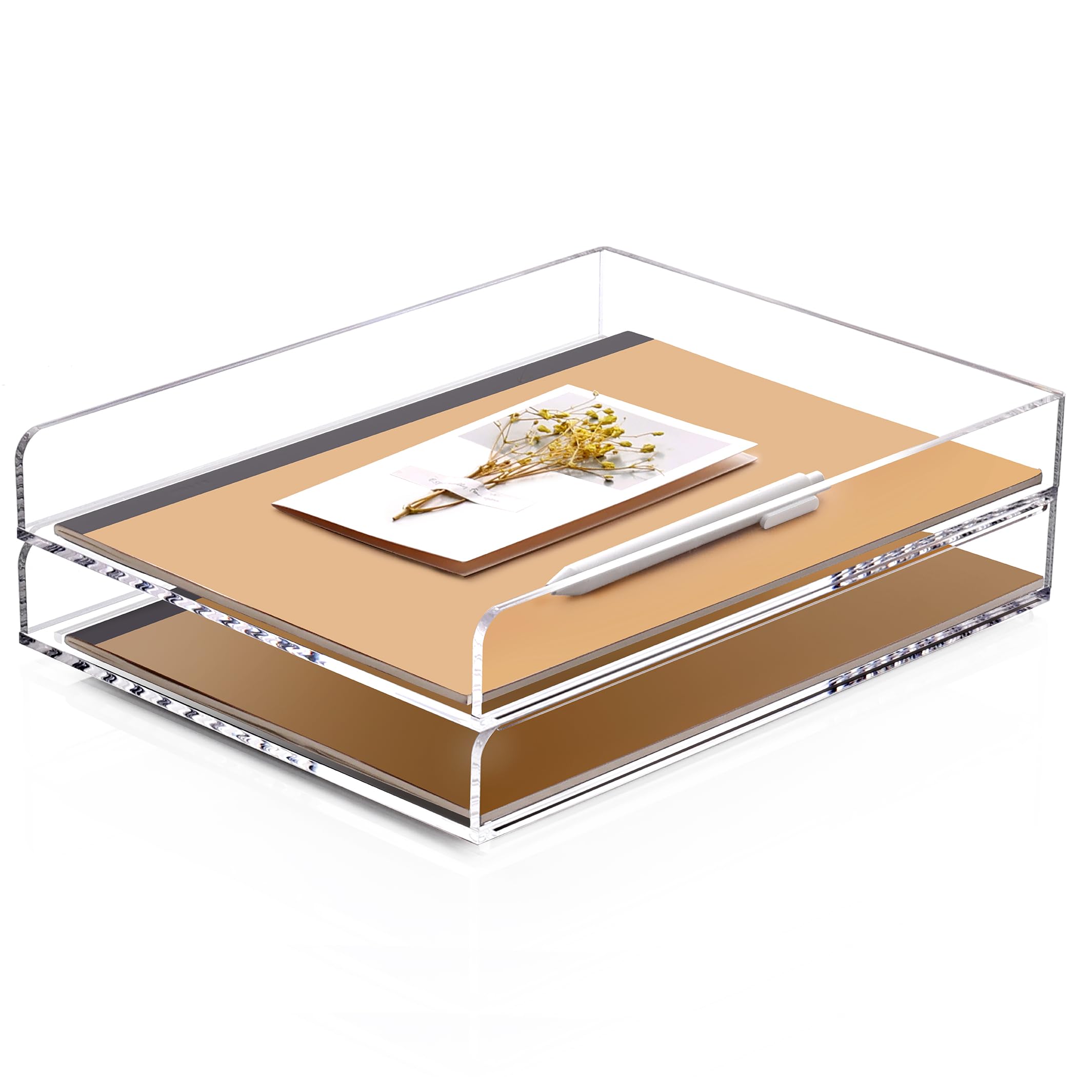 Photo 1 of SANRUI 2 Tier Acrylic Stackable Paper Letter Tray, Vertical A4 File Desk Organizer and Accessories Sorter Tray, Clear Workspace Office Supplies Organizers, 12inx9.25inx3.42in