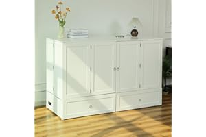 SKKTKT Murphy Bed Chest with Trifold Memory Foam Mattress, Cabinet Bed with USB Charging Station, Queen Murphy Cube Cabinet Bed with Large Storage Drawers for Living Room/Bedroom/Office (White)