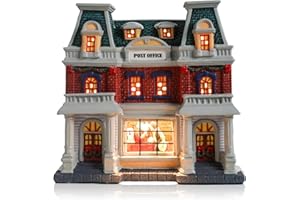 VCUTEKA Christmas Village House Lighted Indoor Decorations Post Office House with LED Light Christmas Village Collectible Buildings Figurines Ceramic House Light up Figurine for Holiday Xmas Decor