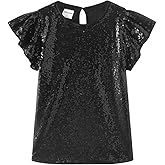 Noomelfish Girls Short Sleeve Sequin Shirts Party Glitter Sparkly Tops Blouse (5-12 Years)