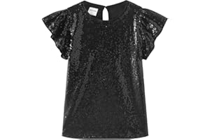 Noomelfish Girls Short Sleeve Sequin Shirts Party Glitter Sparkly Tops Blouse (5-12 Years)