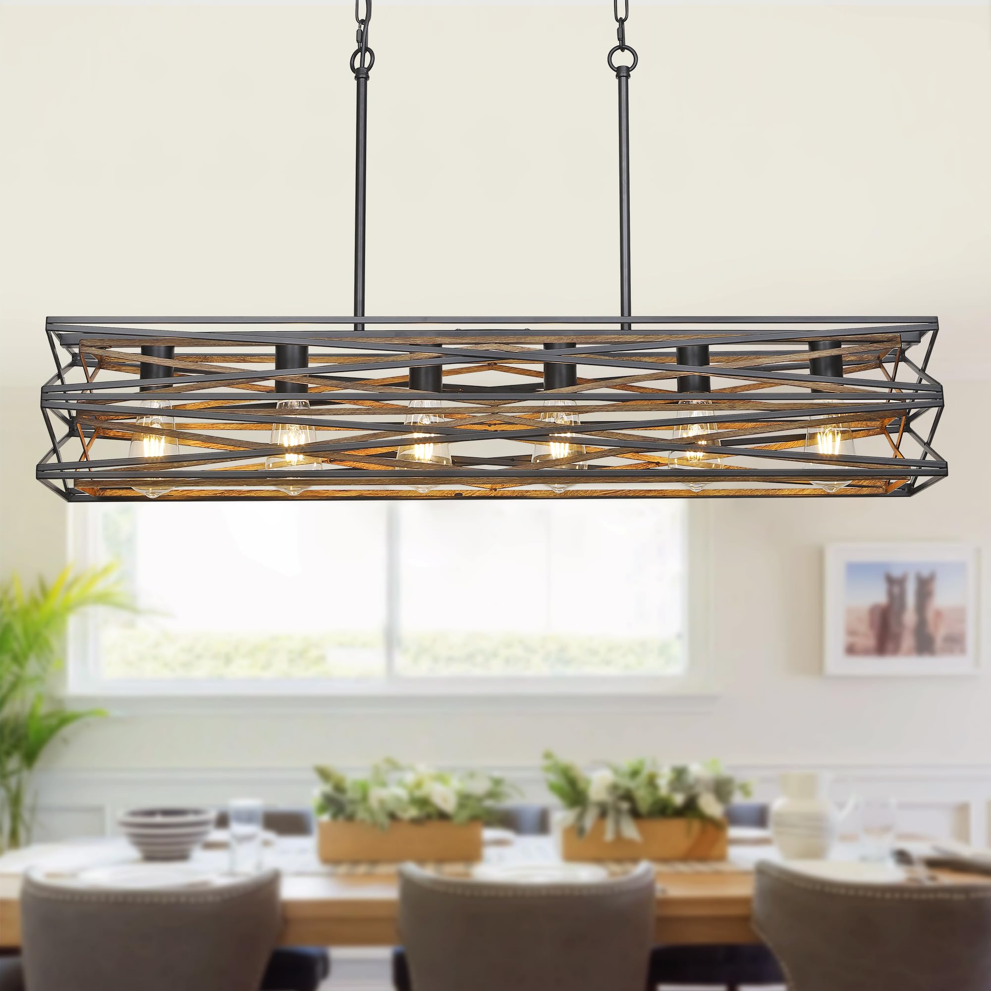 Photo 1 of 40''Large Farmhouse Rectangular Chandeliers for Dining Room,6-Light Black Matte Dining Light Fixture,Modern Industrial Pendant Lights Kitchen Island,Linear Chandelier with Retro Wood Texture Interior