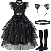 Luzlen Black Costume for Girls Kids Halloween Carnival Cosplay Party Dress with Accessories