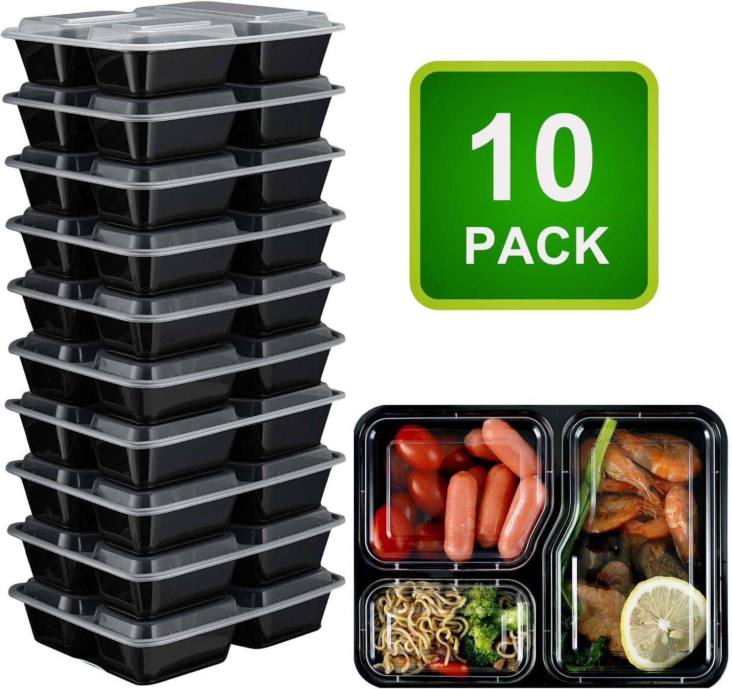 FLERISE Food Containers 10 Packs 3 Compartment With Lids Leak-proof Lunch Box Bento Box Microwave/Dishwasher/Freezer Safe
