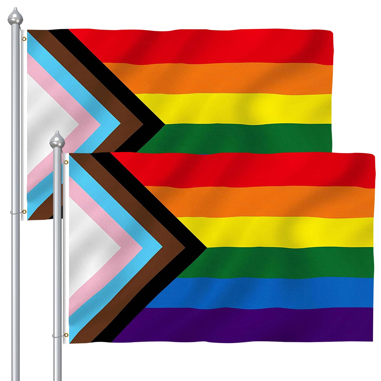 Pride Flag, 2Pcs JUNEBRUSHS LGBTQ Progress Gay Pride Flag 5ft x 3ft with Brass Eyelets Rainbow Lesbian Flags Banner for Outdoor, Parades, Festival, Marches, Accessories, Decorations and Celebration