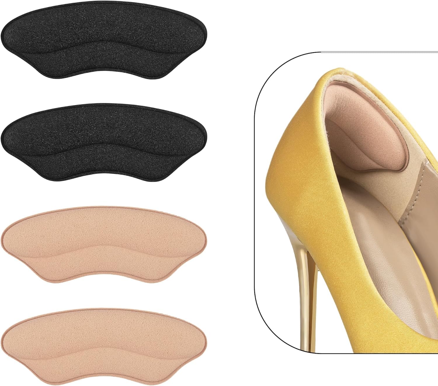 MATIE FIX Heel Grips Liner Cushions Inserts for Loose Shoes, Heel Pads Snugs for Shoe Too Big Men Women, Filler Improved Shoe Fit and Comfort, Stop Heel Slip and Blister (4 Pairs) (H Pale Apricot+Black)