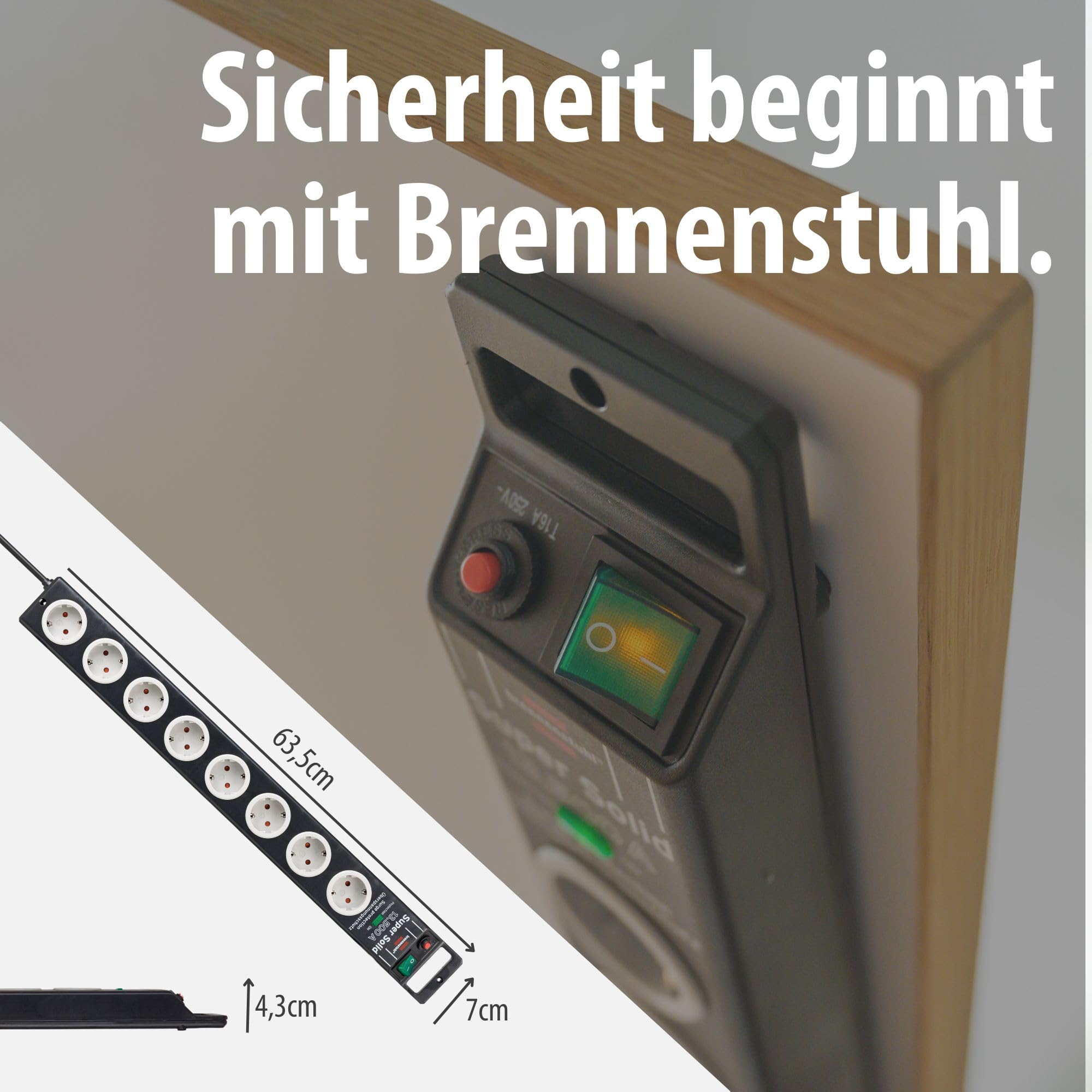 Brennenstuhl Super-Solid Steckdosenleiste 8-Fach mit Überspannungsschutz (Steckerleiste mit 2,5m Kabel und Schalter, Mehrfachsteckdose aus bruchfestem Polycarbonat) schwarz/grau 7