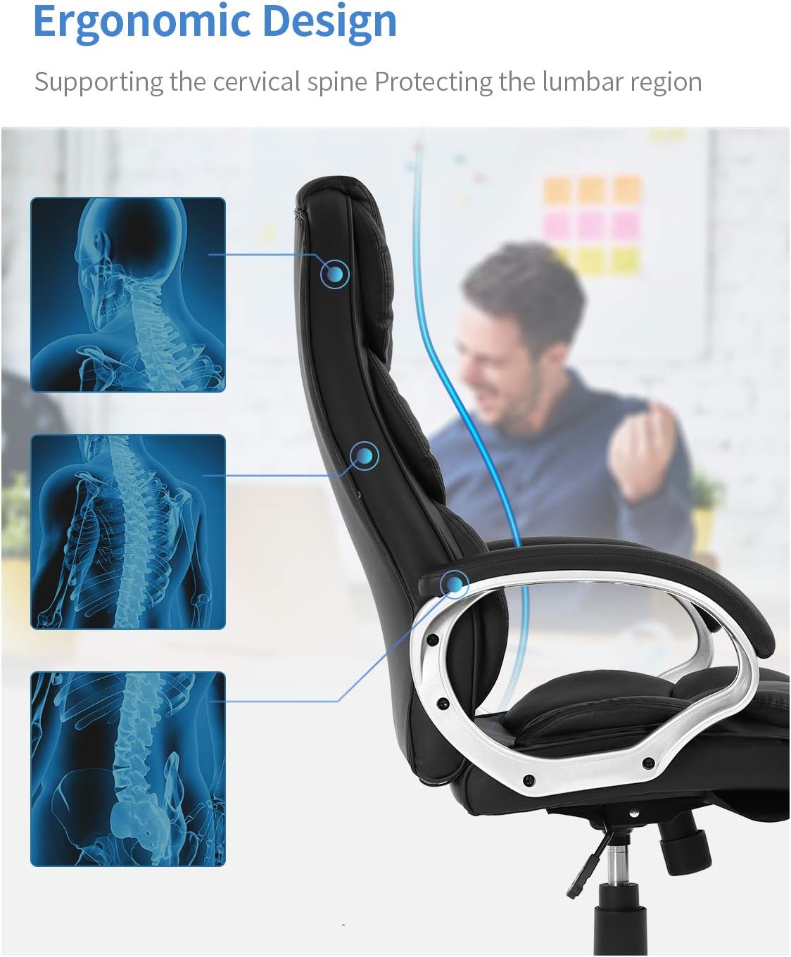 Office Chair Computer High Back Adjustable Ergonomic Desk Chair Executive PU Leather Swivel Task Chair with Armrests Lumbar Support (Black): Furniture & Decor