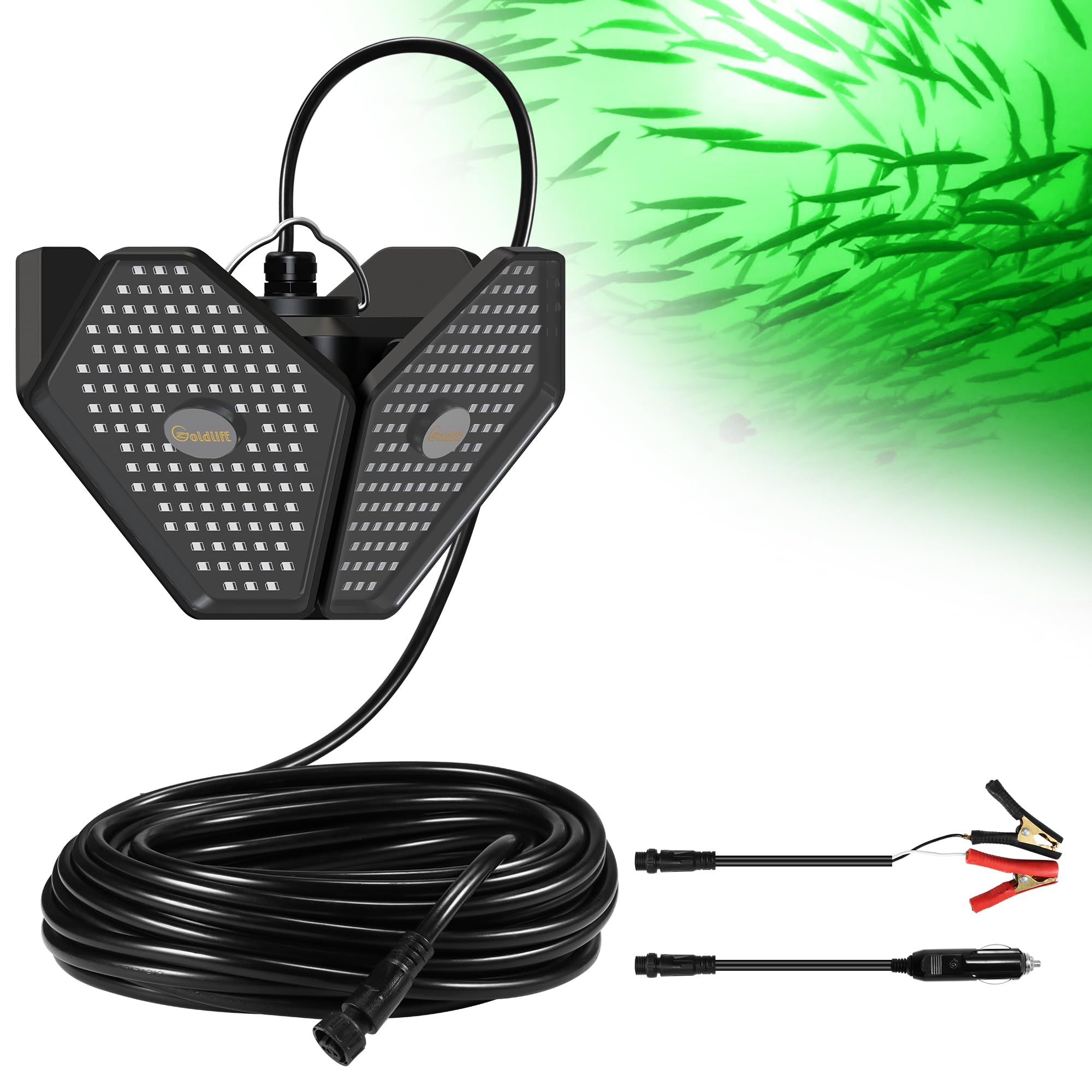 Photo 1 of Goldlife 400W 12V Green Underwater Fishing Light, 50ft Cable/Foldable Design / IP69K Submersible Attractants Light for Docks/Boats/Kayaks, LED Lights for Fresh & Salt Water Fishing