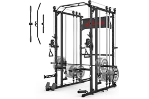Liksodo Smith Machine for Home Gym, Multifunctional Power Cage Rack with Cable Crossover System and Smith Bar Barbell, T Bar and More Training Attachment, LAT Pull Down Machine for Garage