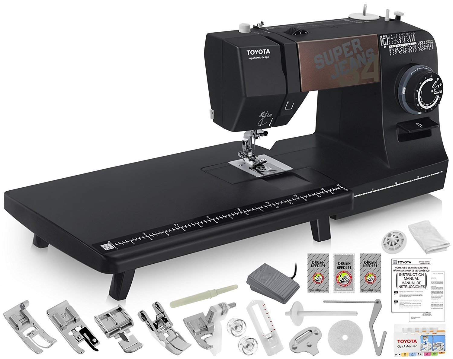 TOYOTA Super Jeans J34 Sewing Machine (Glides Over 12 Layers of Denim)  w/Extension Table, Gliding Foot, Blind Hem Foot, Zipper Foot, Overcast  Foot, ...