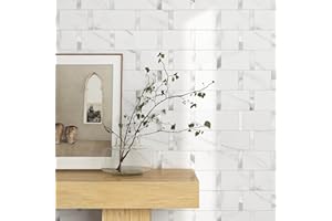 M MOFIT MOFIT Matte Kitchen Subway Tile Peel and Stick Backsplash Self-Adhesive Bathroom Wall Tiles Waterproof 3D Metal and Marble Mosaic Panels Heat Resistant Fireplace(White Silver 5Tiles)