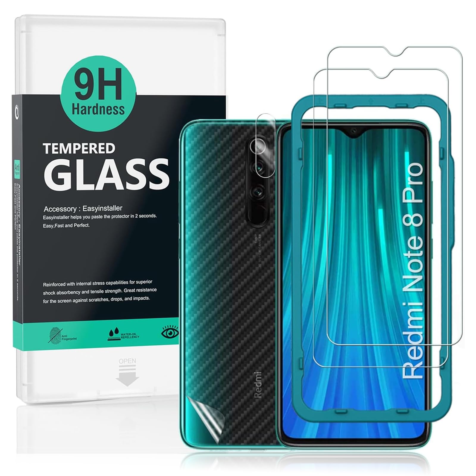 Ibywind Screen Protector (2 Pack) For Redmi Note 8 Pro,9H Hardness Tempered Glass,With 1Pc Camera Lens Protector,1Pc Back Protector,Easy to Install