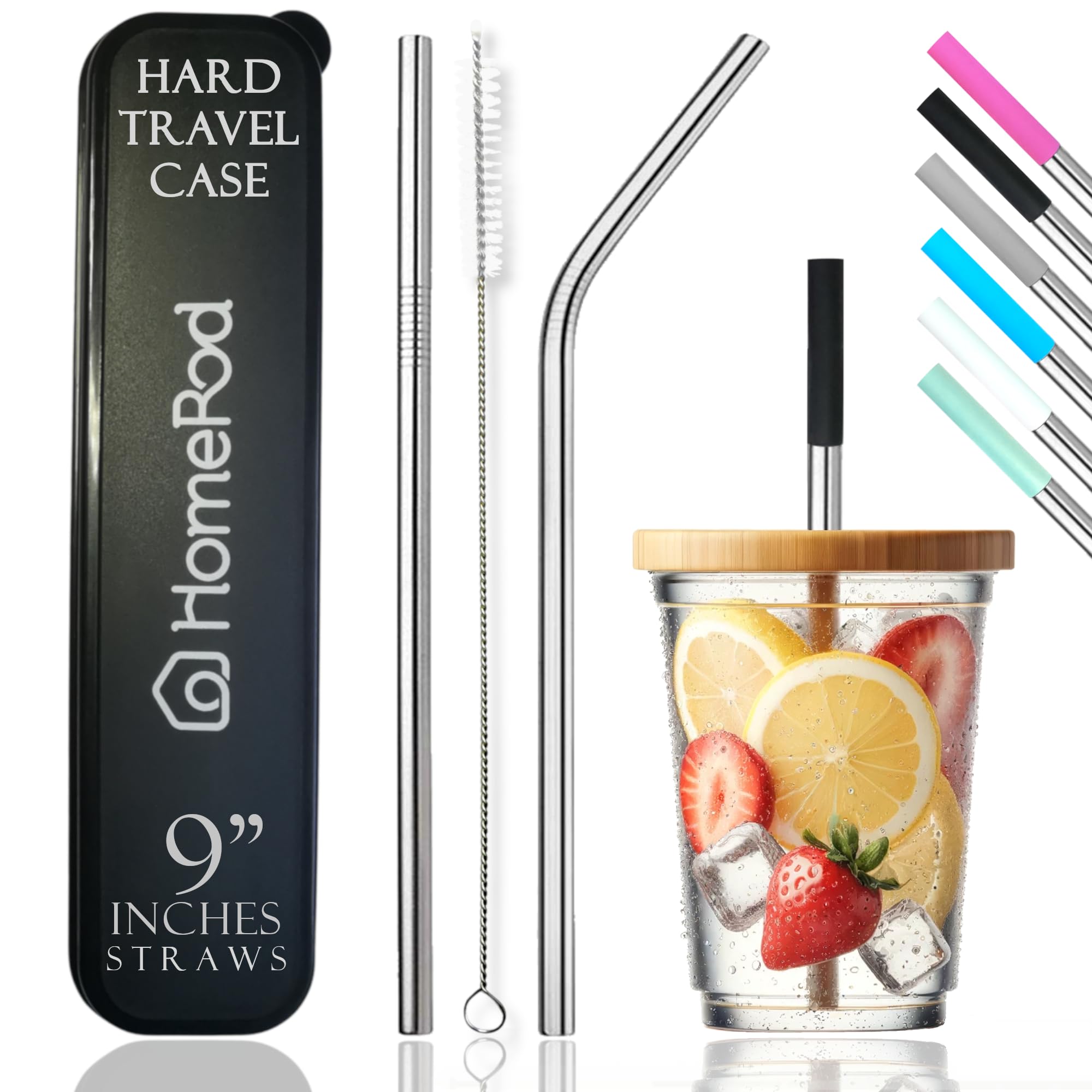 Photo 1 of Pack of 10: 2 Stainless Steel Reusable Straws 9 inches long, 6 Silicone Tips, 1 Straw Brush and 1 Hard Travel Case. Drinking Metal Straw for Cup Mug Tumbler 12 to 30 oz, Ideal for Hot Cold Beverages