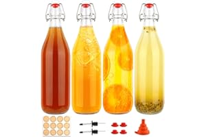 HWASHIN 1 Liter Swing Top Glass Bottles, 4 Pack 33 oz Flip Top Bottles with Airtight Stopper for Home Brewing, Kombucha, Beer