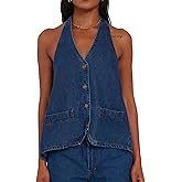 Kedera Women's Tie Up Denim Vest Button Down Backless Denim Tank Top V Neck Sexy Loose Fashion Cropped Vest