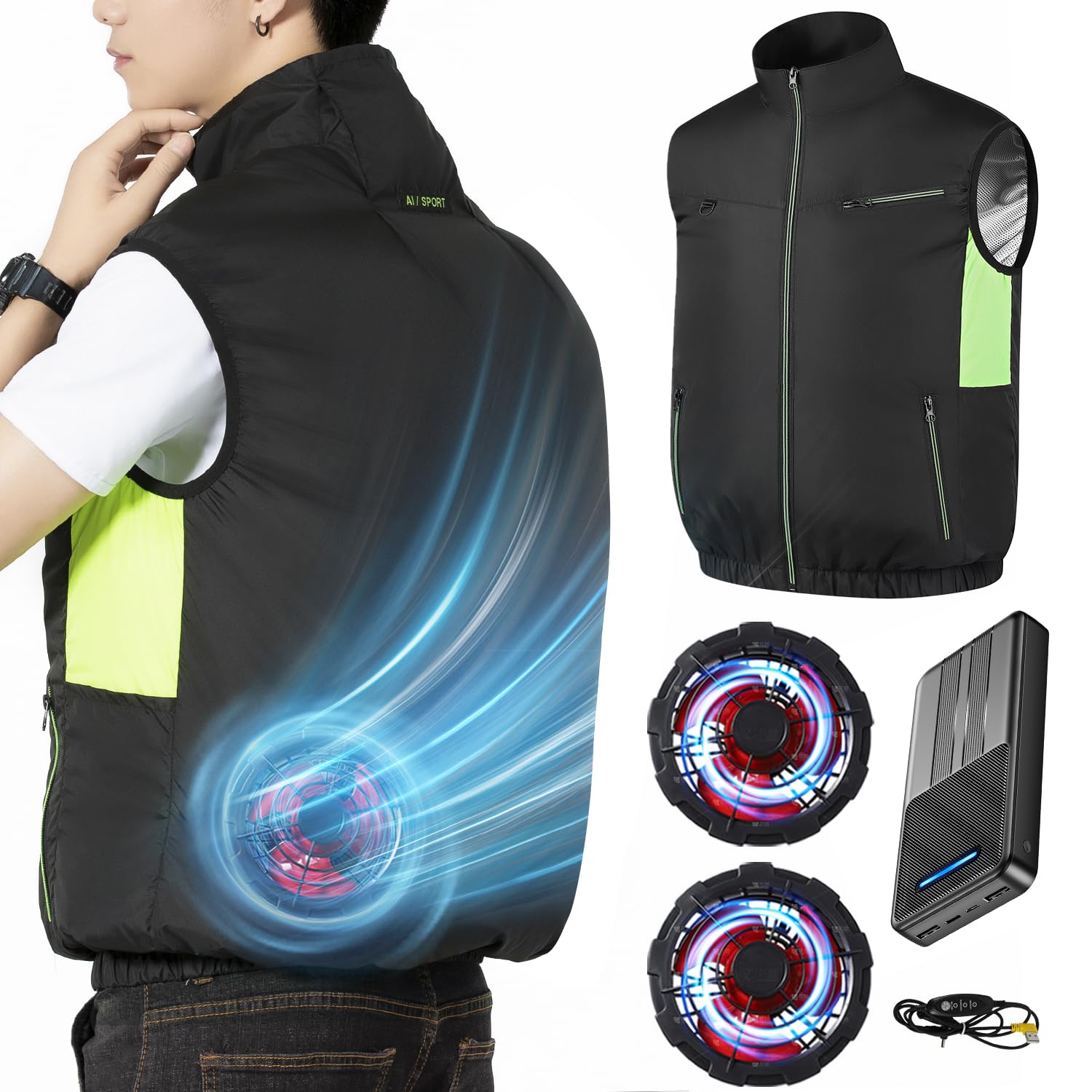 Noraui 2025 Storm Fan & 40,800 mAh Large Capacity Battery, Air Conditioned Work Clothes, Battery Fan Set, Vest with Fan, Work Vest, Air Conditioning Wear, Cooling Fan, 3 Levels of Air Flow Adjustment