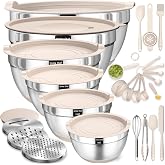Mixing Bowls with Airtight Lids Set, 26PCS Stainless Steel Khaki Bowls with Grater Attachments, Non-Slip Bottoms &amp; Kitchen Gadgets Set, Size 7, 4, 2.5, 2.0,1.5, 1QT, Great for Mixing &amp; Serving