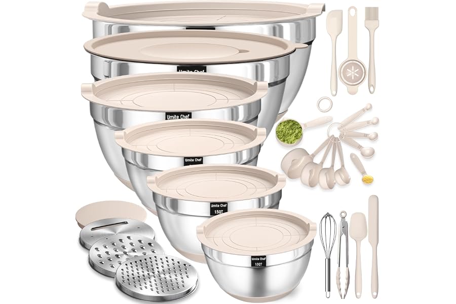 Mixing Bowls with Airtight Lids Set, 26PCS Stainless Steel Khaki Bowls with Grater Attachments, Non-Slip Bottoms & Kitchen Gadgets Set, Size 7, 4, 2.5, 2.0,1.5, 1QT, Great for Mixing & Serving