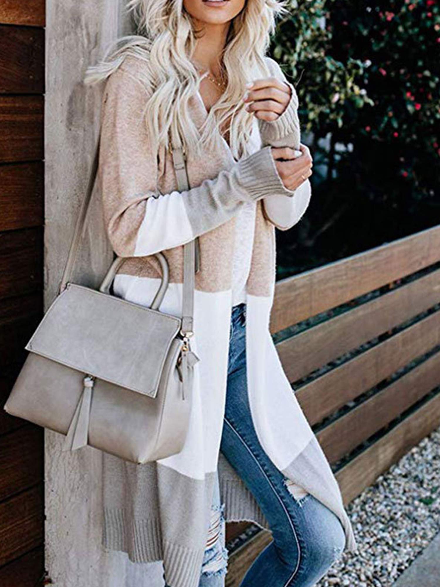 Womens Boho Open Front Cardigan Colorblock Long Sleeve Loose Knit Lightweight Sweaters (M, Khaki)