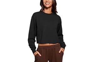 CRZ YOGA Womens Fleece Cropped Sweatshirts Crewneck Long Sleeve Double Raw Hem Workout Casual Pullover Tops