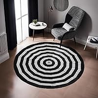 inchgrass 6ft Black Round Fur Rug Faux Fur Area Rug Modern Geometric Indoor Machine Washable High Pile Non-Slip