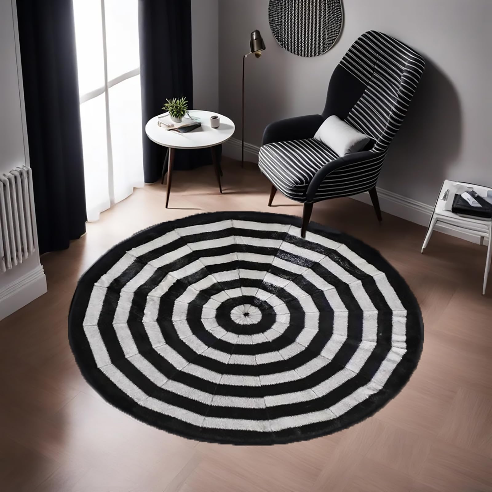 inchgrass 6ft Black Round Fur Rug Faux Fur Area Rug Modern Geometric Indoor Machine Washable High Pile Non-Slip