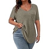 Koscacy Women Plus Size Casual Tops with Pocket V Neck Solid Color Shirts Lightweight Short Sleeve Blouses