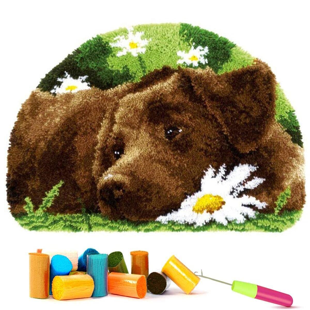 EMISTEM Latch Hook Kits for Adults - DIY Latch Hook Rug Kits for Kids, Crochet Kit for Beginners, Rug Making Kits with Printed Canvas, Gift Packaging. (Dog in Flowers,15x21)