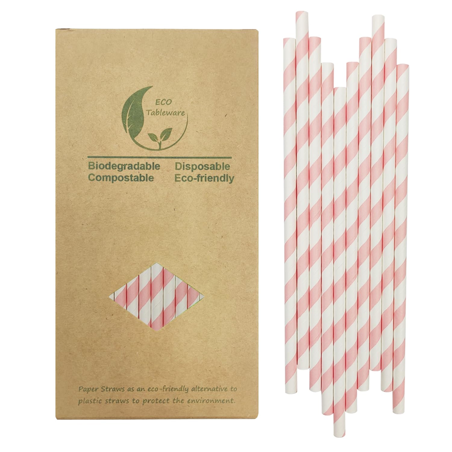 Light Pink Striped Paper Drinking Straws, Disposable Blush Pink White Stripes Straw for Cute Princess Party Decoration, 7.75 Inches, Box of 100