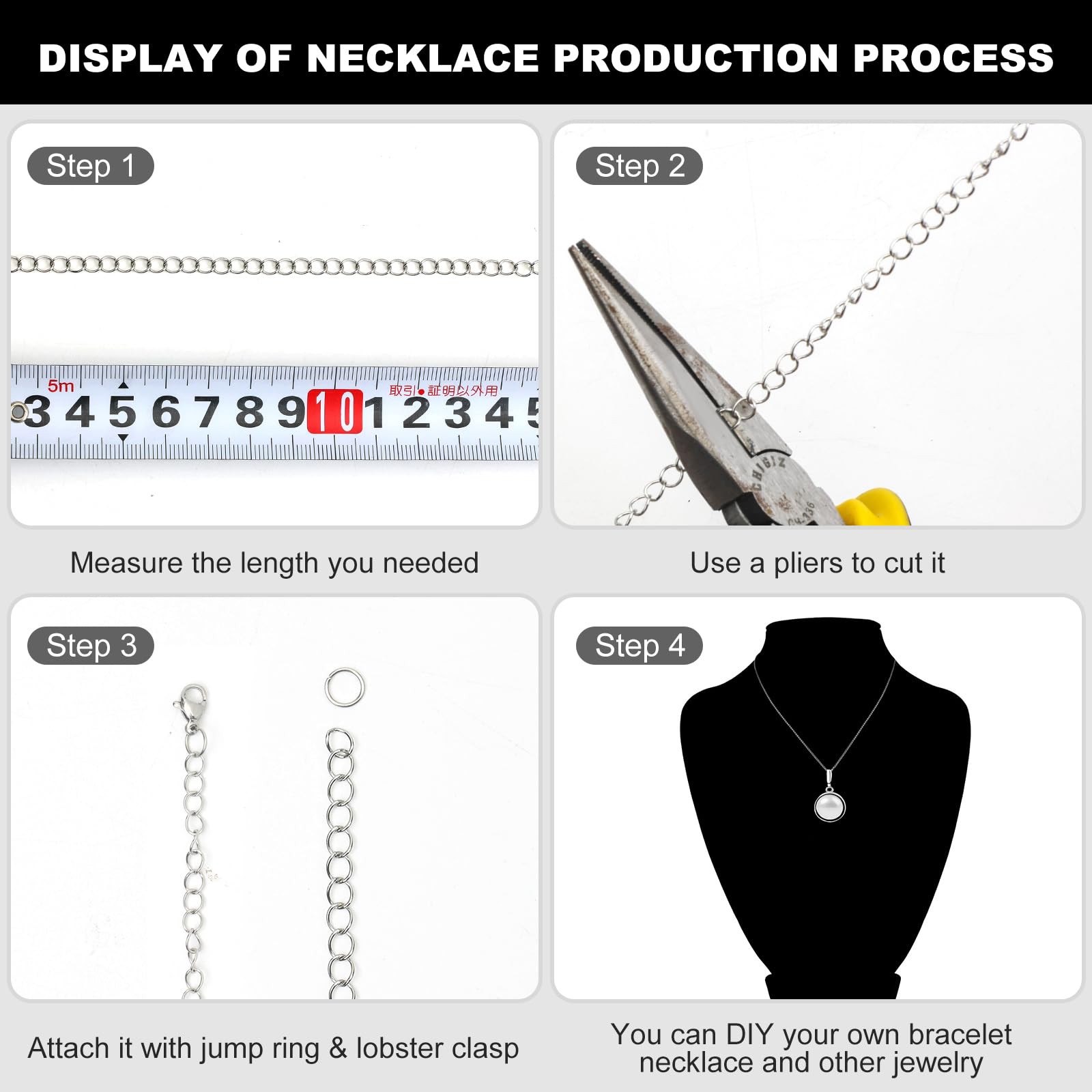 Necklace Chains for Jewelry Making, 111.5 Feet 15 Rolls Stainless Steel Jewelry Chains for DIY Necklace Bracelet Jewelry Making Accessories with Stainless Steel Jump Rings/Lobster Clasps/Connectors
