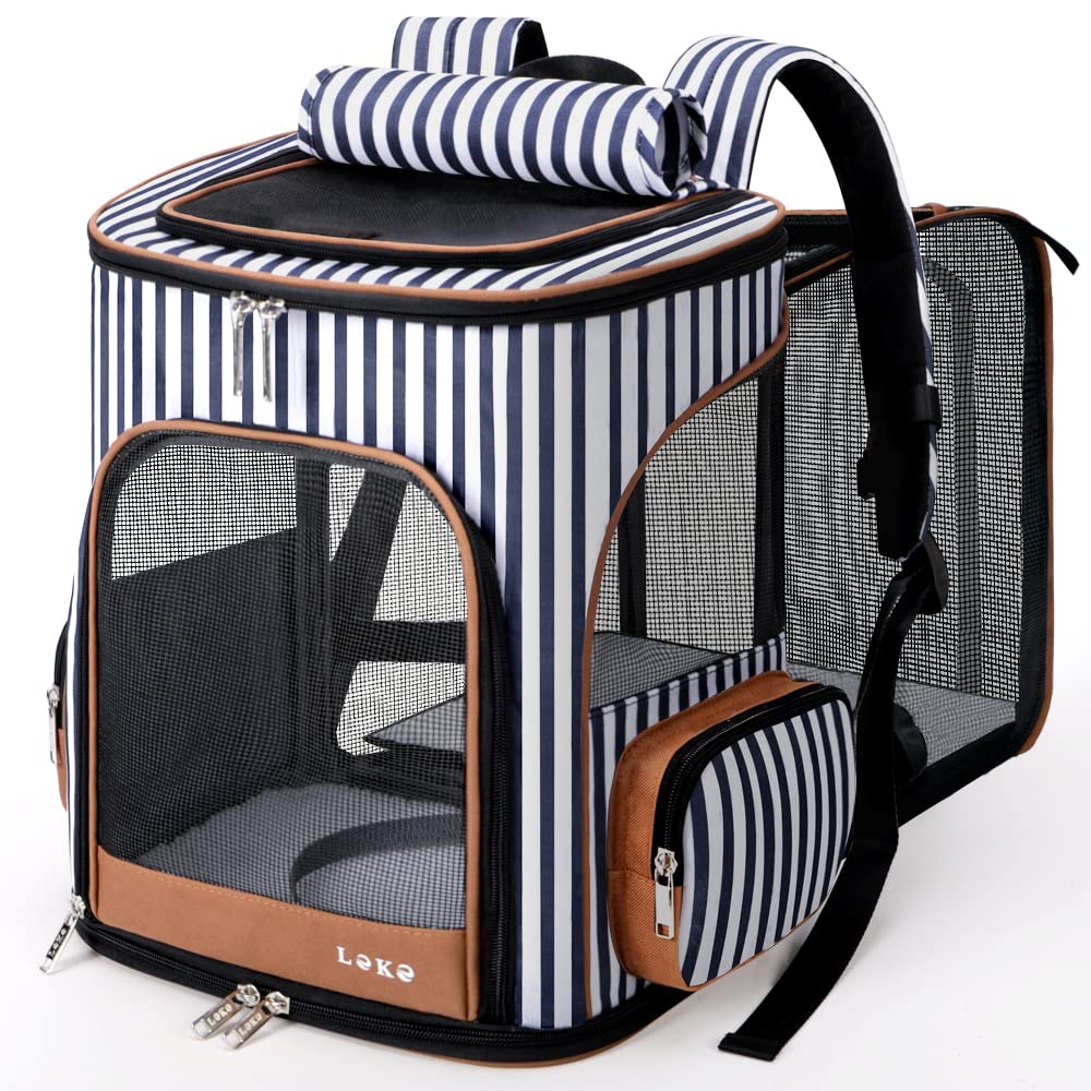 Photo 1 of Lekereise Pet Carrier Backpack Expandable Cat Backpack for Small Dogs Cats, Dog Backpack Bag with Breathable Mesh and Inner Safety Leash, Striped