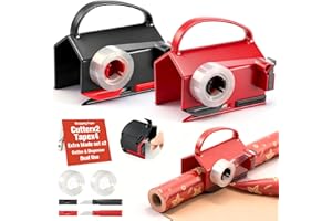 CUZNYAX 2 Pack Wrapping Paper Cutter Slider, Gift Wrap Cutter Tool with Tape Dispenser Dual Use with 4 Tapes & 2 Replace Blades Kit for Christmas, Paper Roll Cutter for Birthday Holiday Christmas Decorations