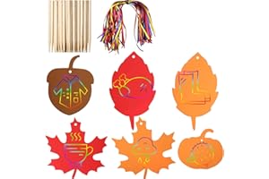 Gejoy 70 Pieces Thanksgiving Rainbow Scratch Paper Craft Kit Scratch Off Paper Fall Leaves Pumpkins Acorns Pattern Paper with Ribbons and Wooden Styluses for Harvest Party Decorations