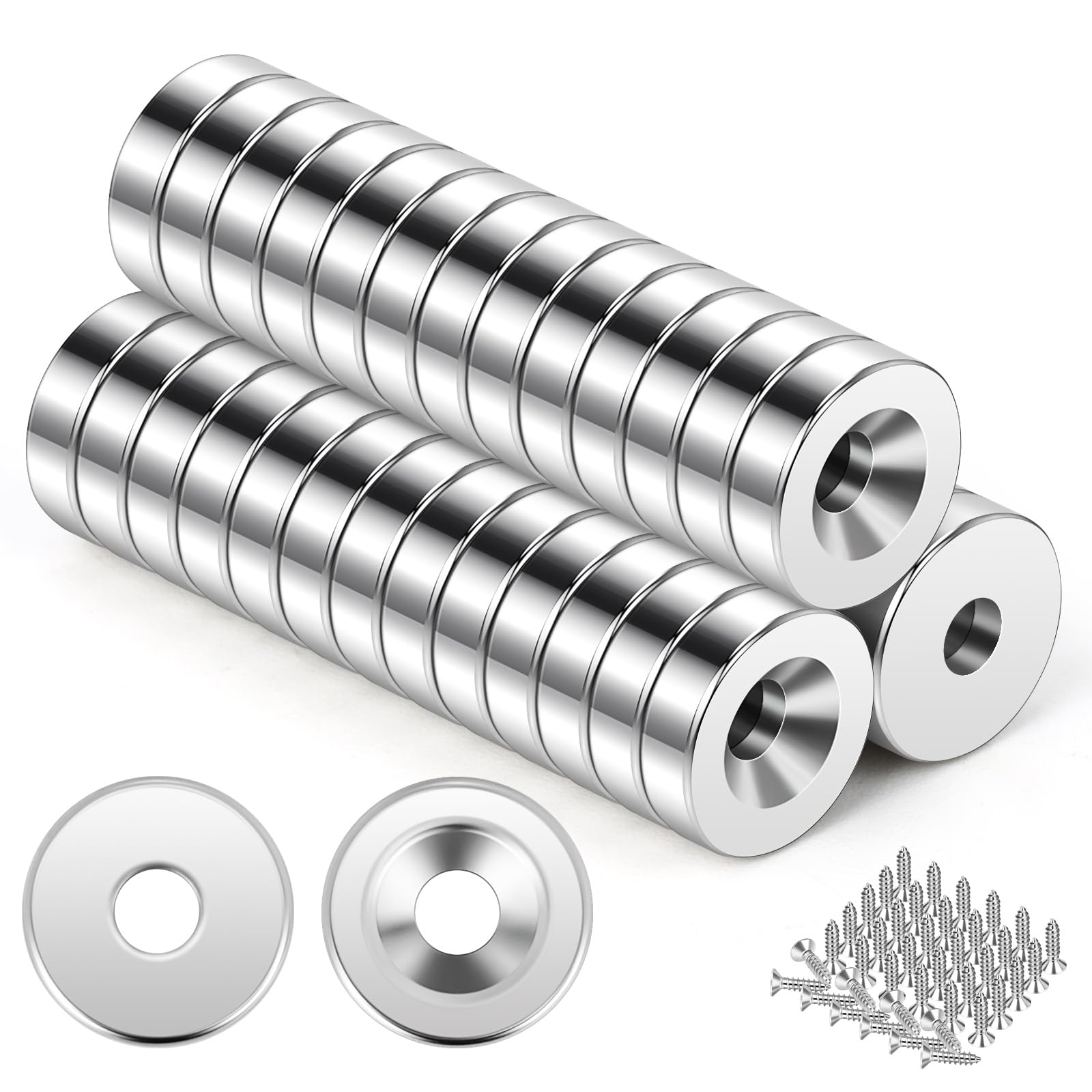 Wzone 10x3mm Round Magnets - 40PCS Mini Pot Magnets With Hole and Screws for Fridge, Whiteboard, Noticeboard, Office, Crafts