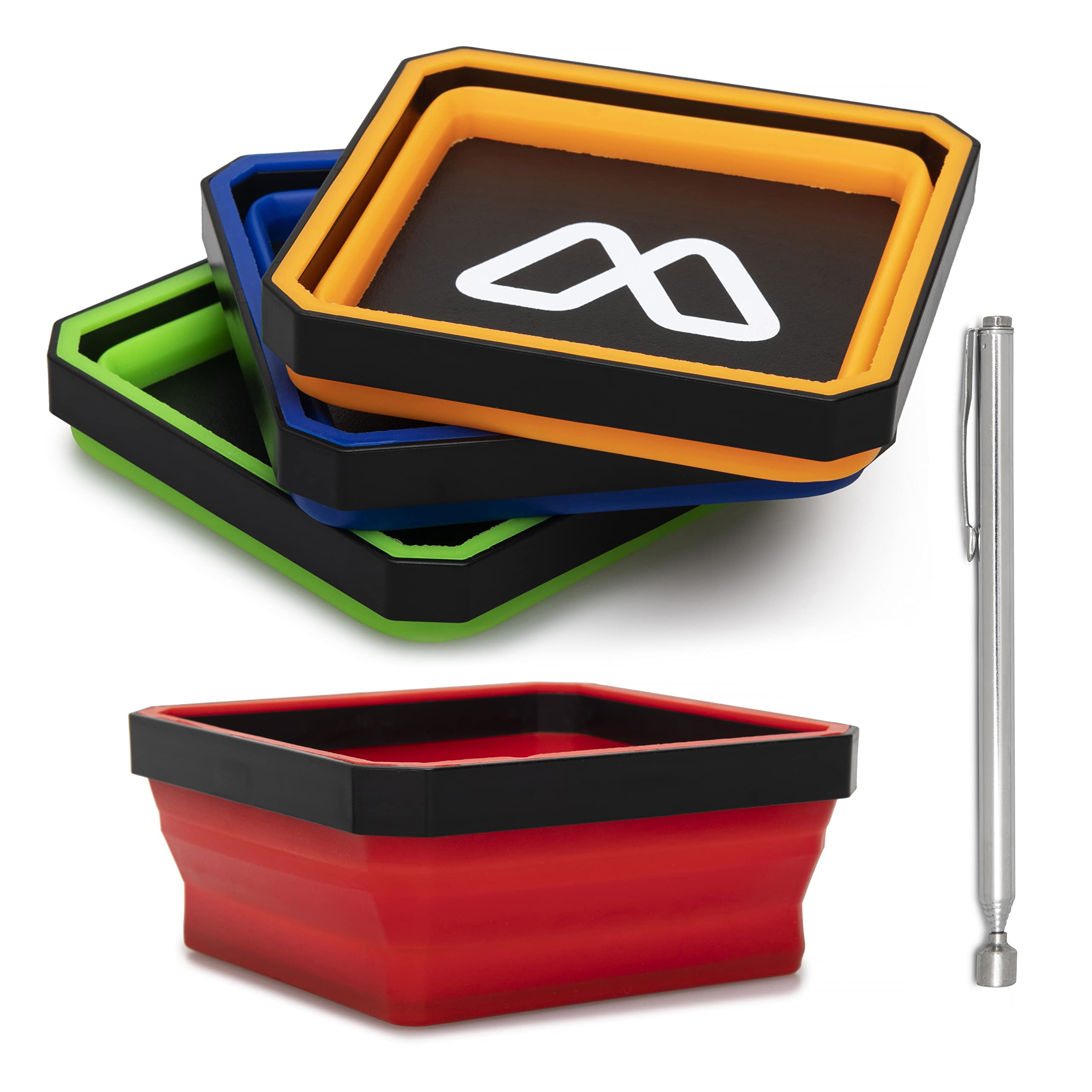 Bagulet Magnetic Parts Tray – 4-Pack Collapsible Silicone Bowls for Screws, Nuts, Bolts – Never Lose Small Parts Again – Non-Scratch Rubber Base – Telescopic Magnetic Pickup Tool