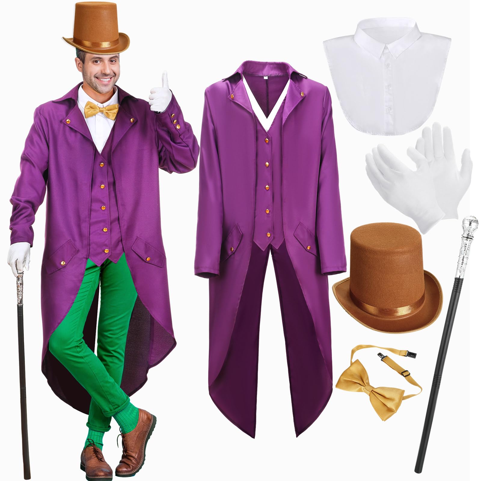 Photo 1 of Mepase 6 Pcs Halloween Costume for Adult Men Include Tailcoat Top Hat Scepter Gloves Bow Tie and Collar for Movie Cosplay (Medium)