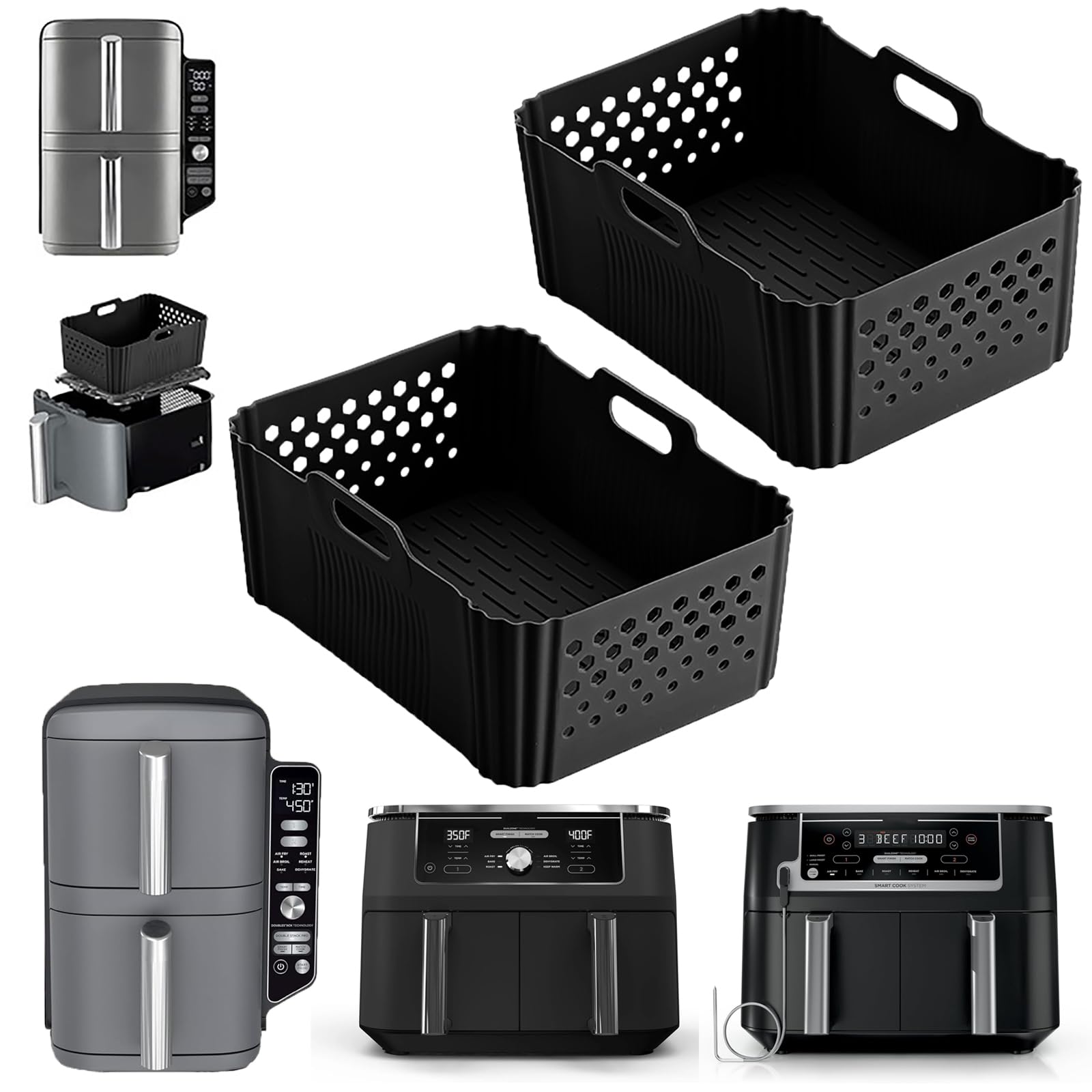 Photo 1 of 2 Pack Silicone Air Fryer Liners for Ninja 10QT DualZone DZ401 DZ550 DZ302, Reusable Rectangle Non-Stick Basket Liners, Compatible with Ninja Foodi DoubleStack SL401 SL400 & Other 10 QT Air Fryers