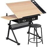 Yaheetech Height Adjustable Drafting Table Drawing Table Artist Desk Tilting Tabletop Art Craft Desk Watercolor Paintings Ske