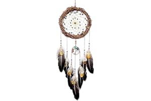 MEIZHIANDME Tree of Life Dream Catcher, Handmade Woven Traditional Craft Rattan Dream Catchers Wall Hanging Ornament,7 Chakras Crystal Healing Stones Art for Bedroom Decor, Festival Blessing Gift (Dark Brown)